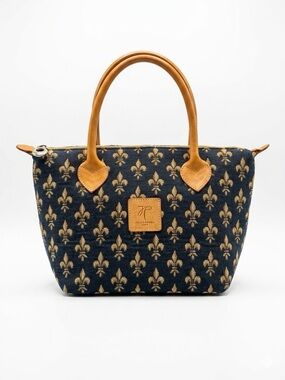 Jules Pansu Paris Fleur de Lys Tapestry Bag Small tote Leather Trim
